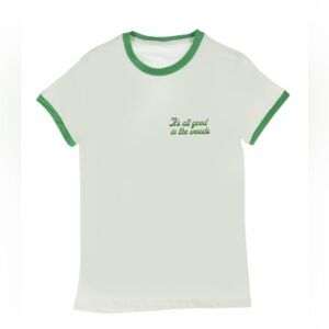 It’s all good in the woods tee. T-shirt. Sleeves have green trim.